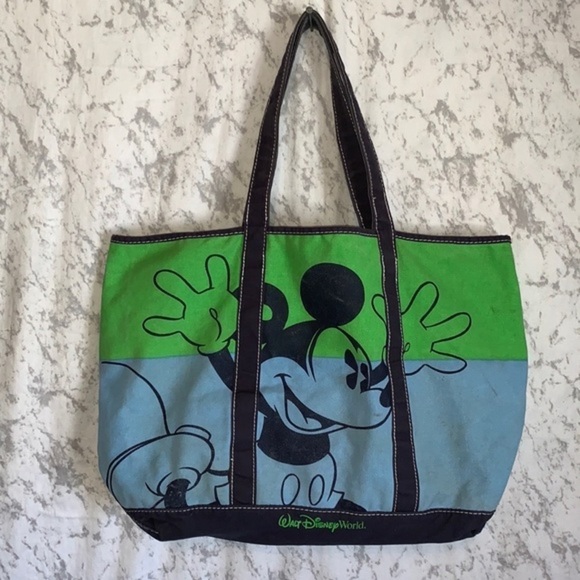 Disney Parks Authentic Original Mickey Mouse Large Canvas Tote Bag Blue & Green - Picture 7 of 13
